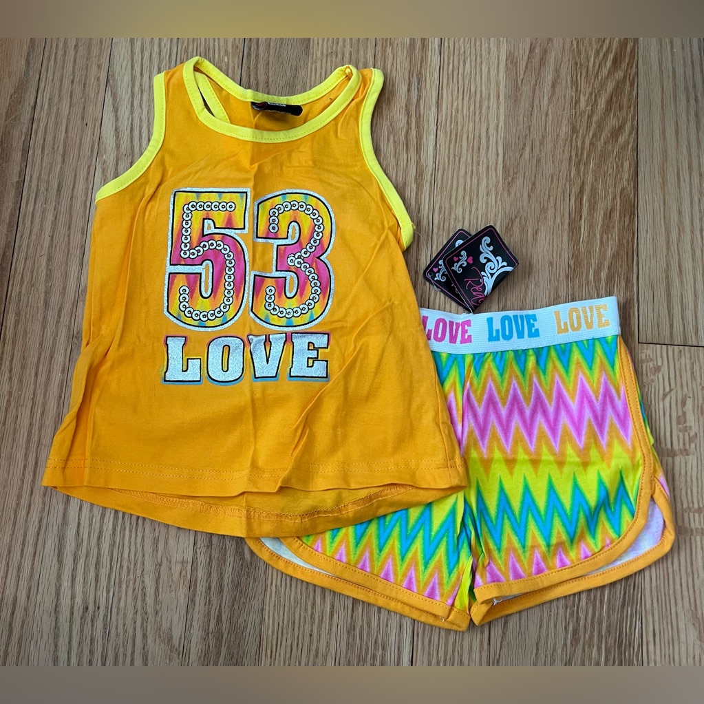 Little Girls Real Love Yellow '53 Love' Tank & Neon Chevron Shorts Set - 2t